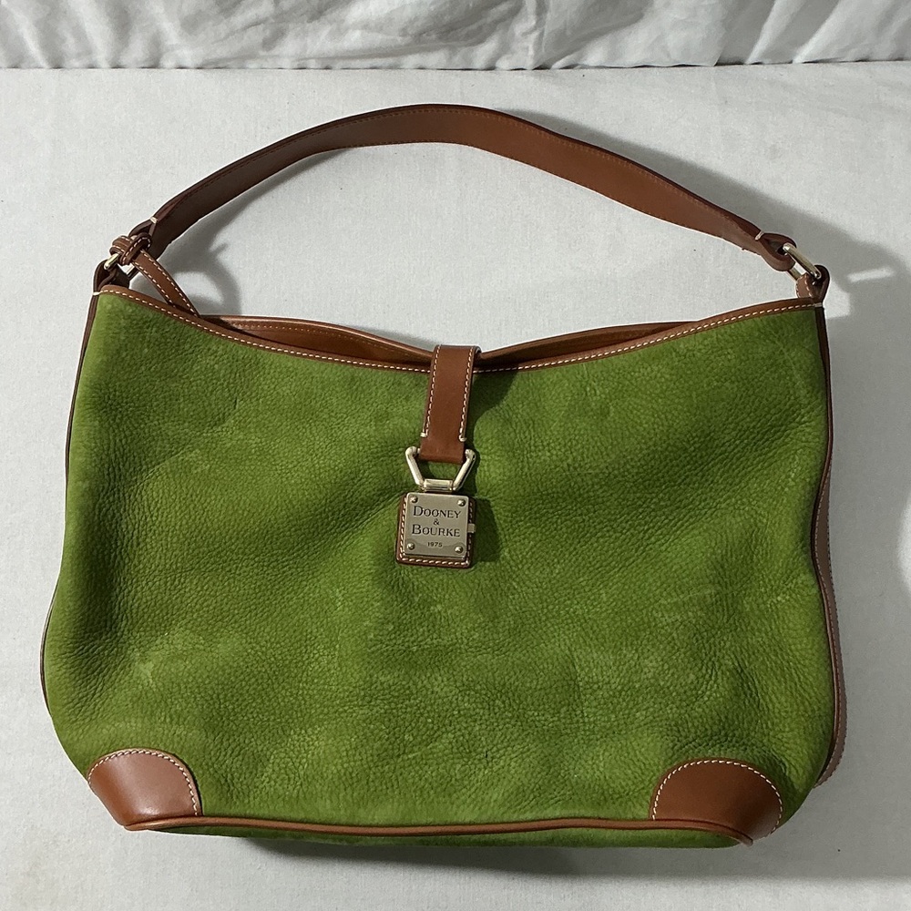 Dooney & Bourke Green Suede Shoulder Bag with Brown Leather Trim and Gold Plaque